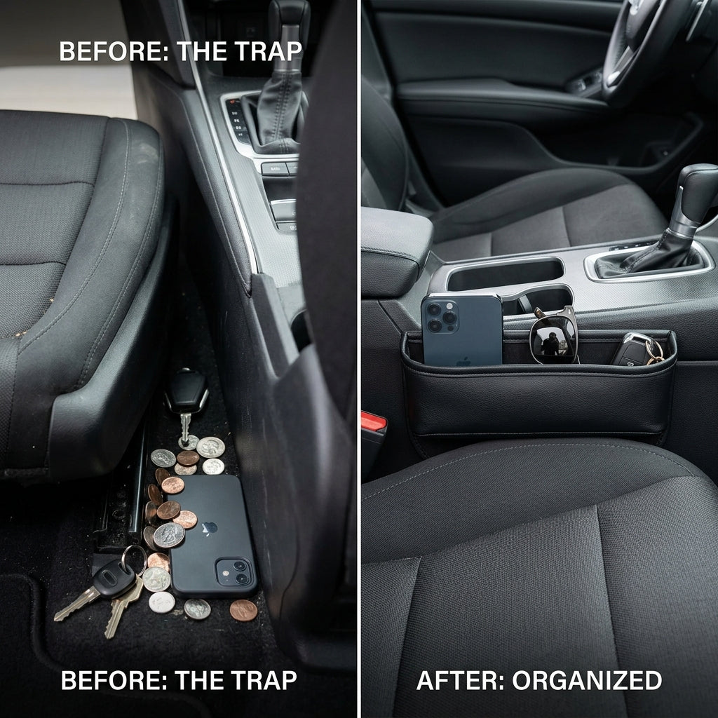 Before and after comparison showing dropped coins and keys under car seat versus organized storage