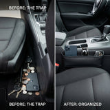 Before and after comparison showing dropped coins and keys under car seat versus organized storage