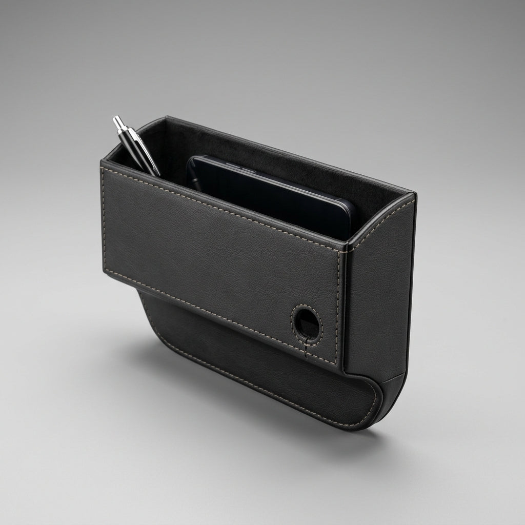 Studio photography of universal black PU leather car seat gap filler organizer with tailored