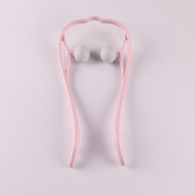 Pink lightweight manual neck massager with dual pressure balls against a white background