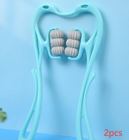Two-piece set of cyan blue manual six-roller neck massagers