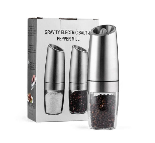 IntelWink Brushed Stainless Steel Electric Gravity Salt and Pepper Grinder Duo Set 2-Pack