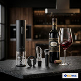 IntelWink Automatic Electric Wine Bottle Opener 4-in-1 Deluxe Gift Set on dark slate tabletop with