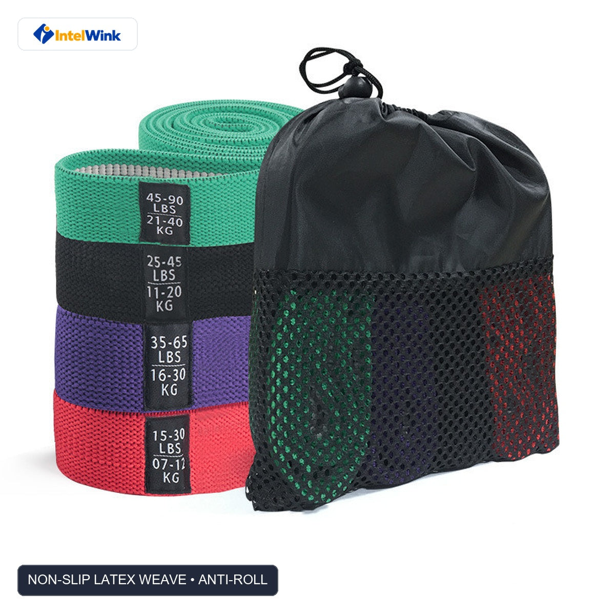 Macro detail of IntelWink fabric resistance band showing double inner latex anti-slip grip and