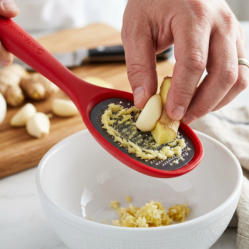 IntelWink 6-in-1 Cooking Spoon with integrated micro-teeth grater mincing fresh garlic and ginger root directly over a bowl