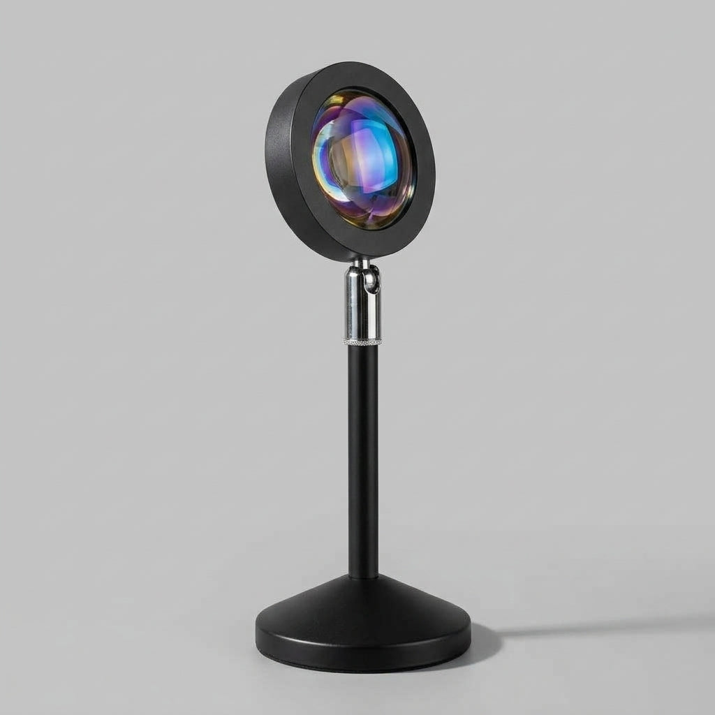Sleek matte black sunset projector lamp on light-gray studio background showing crystal optical