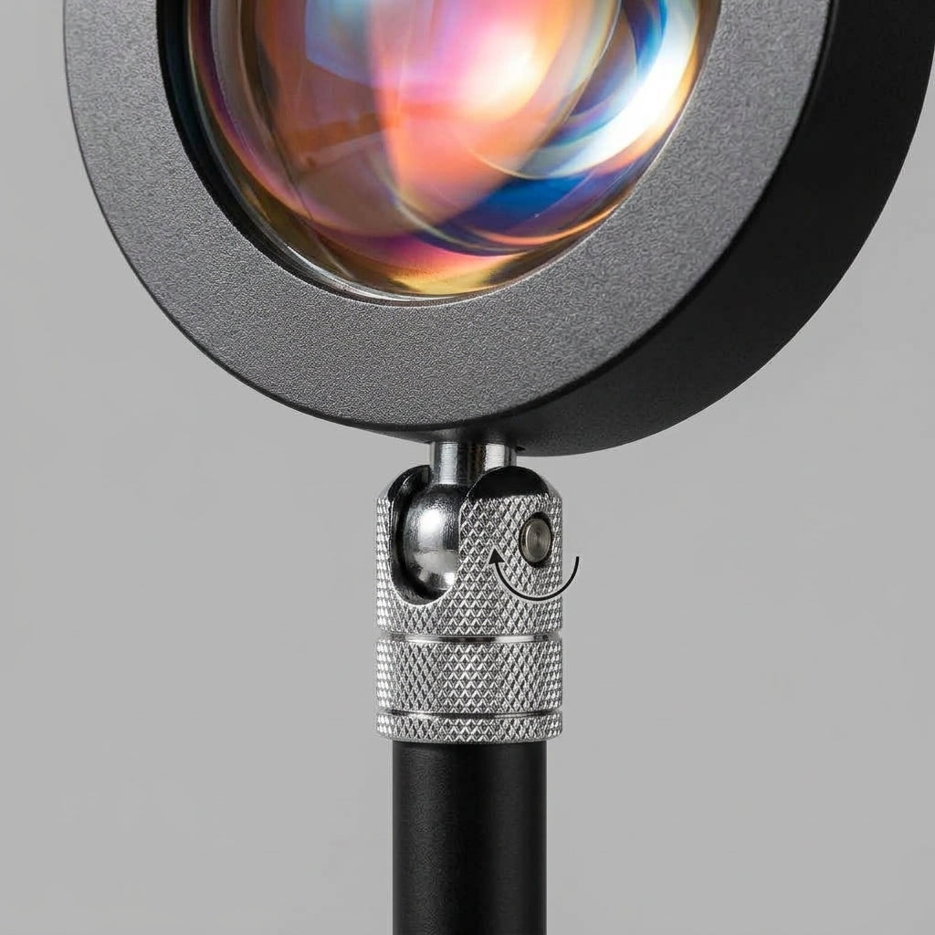Close-up of thick crystal glass optical projection lens and 180-degree chrome pivot swivel joint
