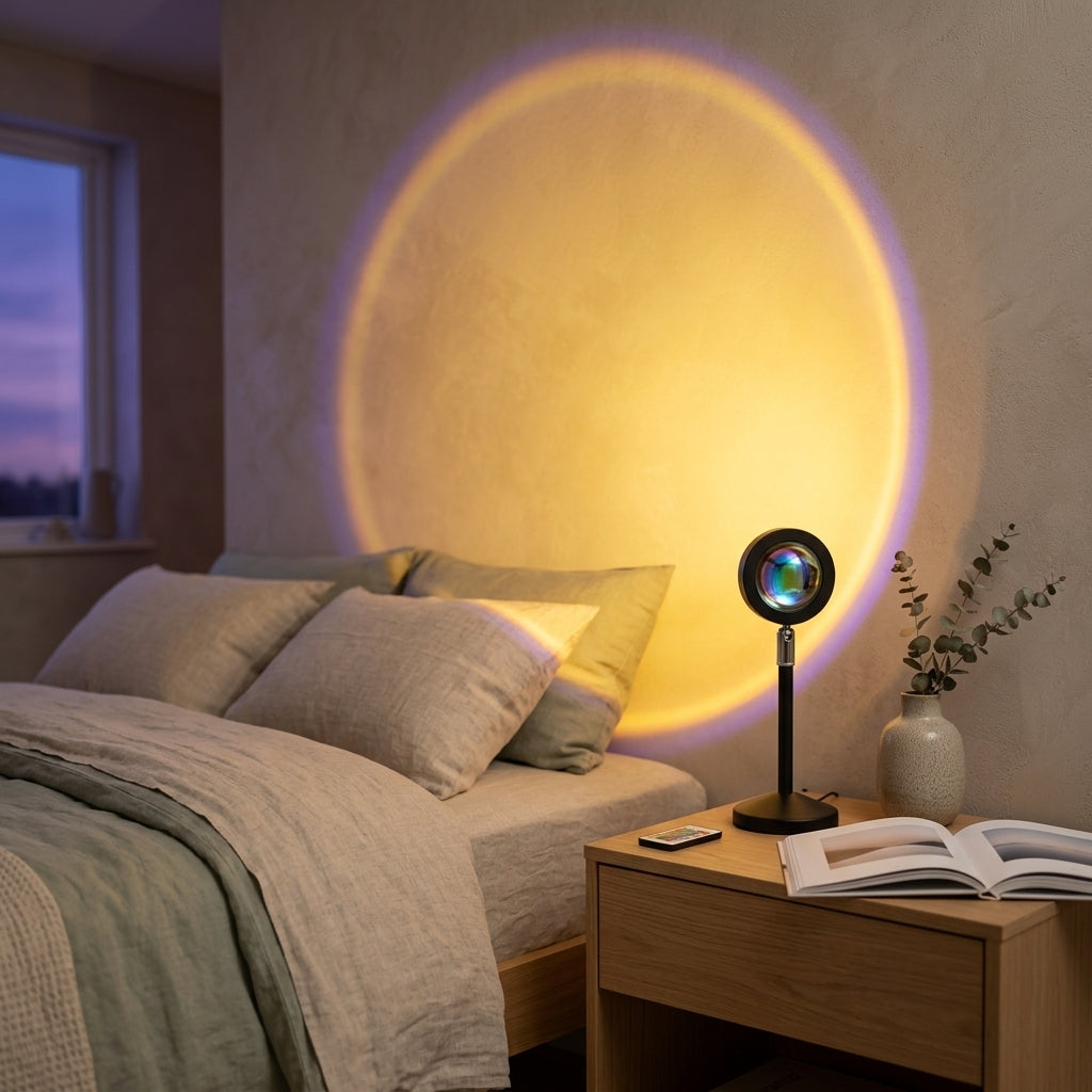 Sunset projector atmosphere lamp on nightstand in modern Scandinavian bedroom casting warm