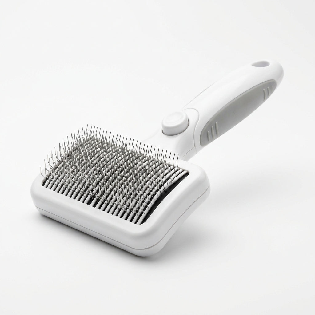 White self-cleaning pet slicker brush for cats and dogs - hero studio view