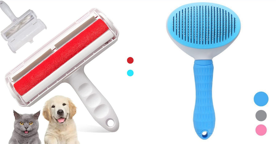 Reusable pet hair roller and slicker grooming brush bundle package