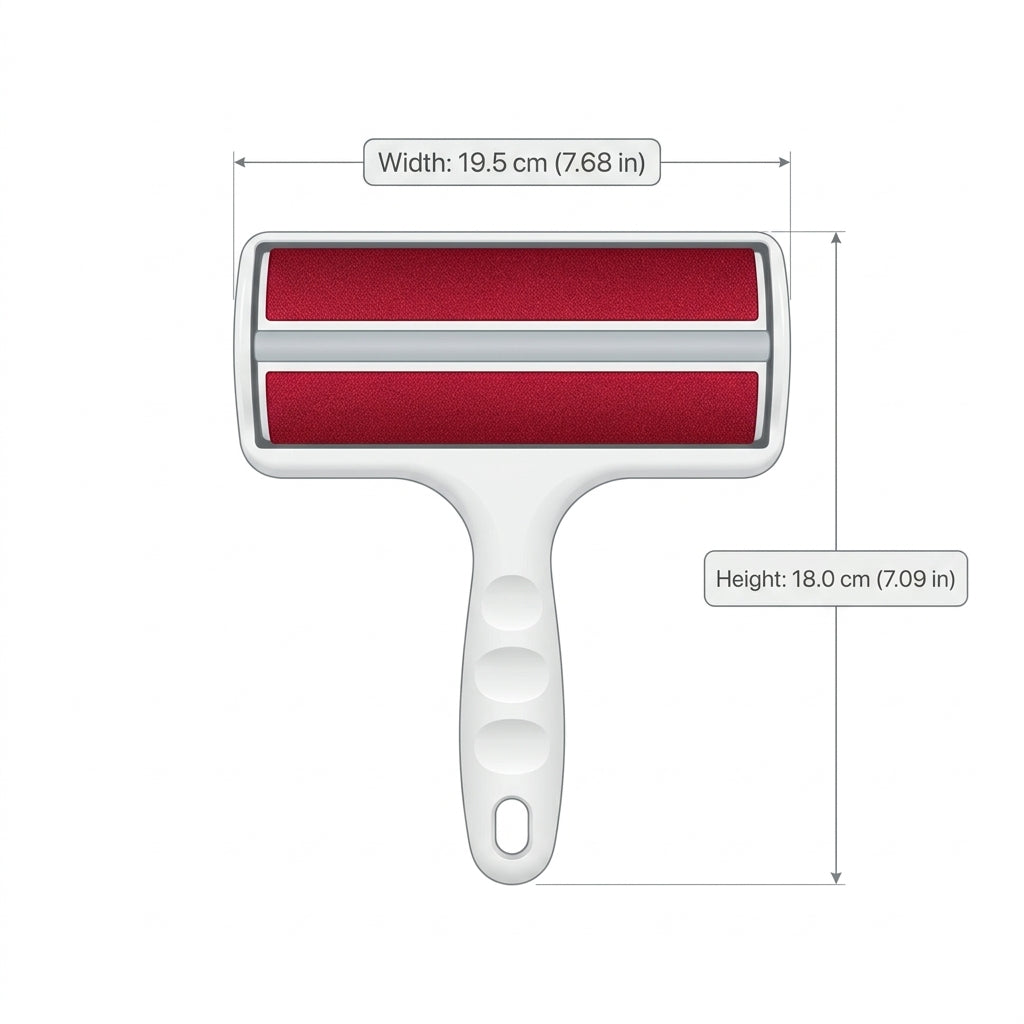 Dimensions and specifications diagram of pet hair remover roller 19.5cm by 18.0cm