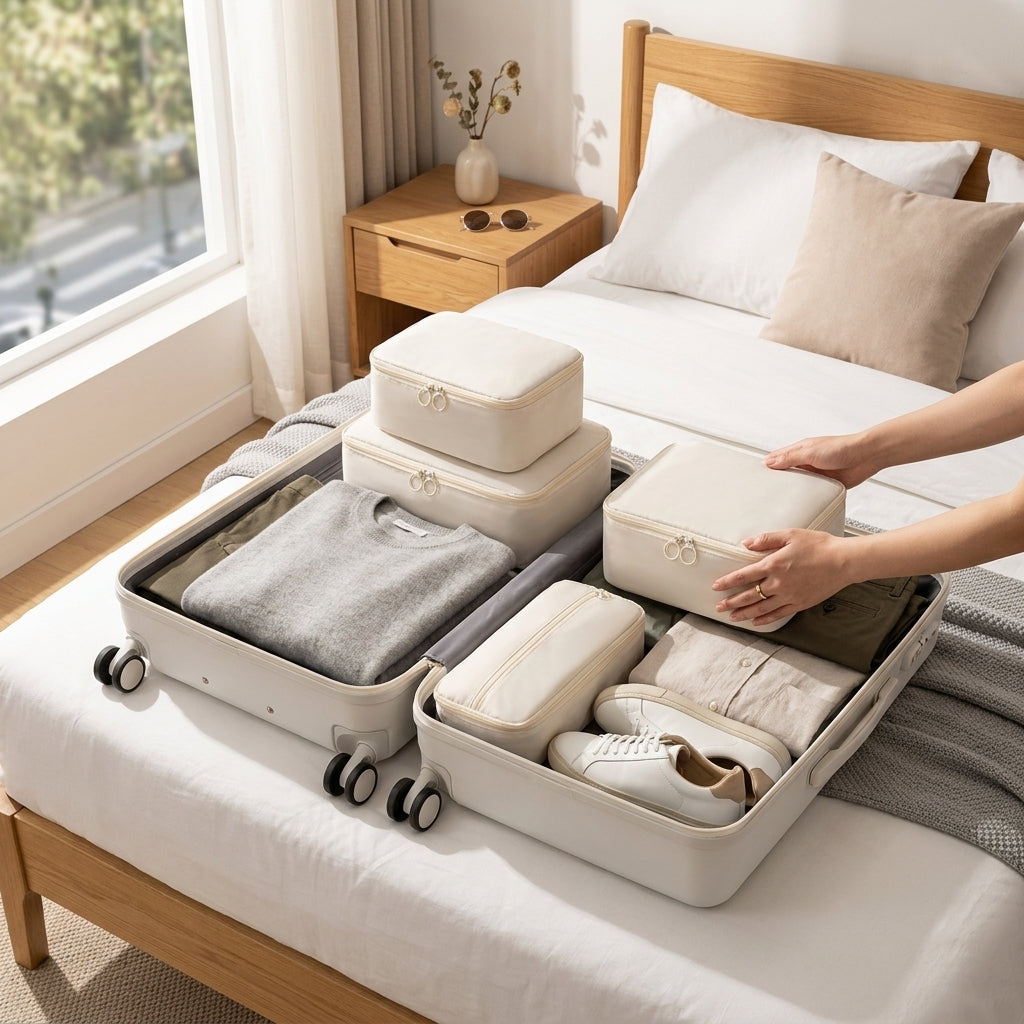 Travel packing cubes neatly fitted into carry-on luggage suitcase in modern hotel room