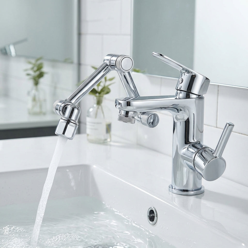 IntelWink Universal 1080 Degree Swivel Robotic Arm Faucet Aerator mounted on modern chrome bathroom faucet with aerated splash-free water flow