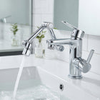 IntelWink Universal 1080 Degree Swivel Robotic Arm Faucet Aerator mounted on modern chrome bathroom faucet with aerated splash-free water flow