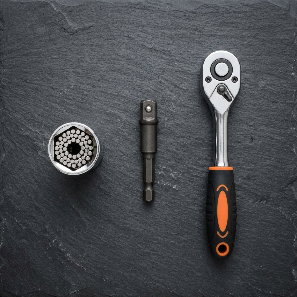 What is included in the IntelWink Universal Socket Set: socket grip, 3/8-inch drill adapter, and 24T ergonomic ratchet