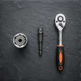What is included in the IntelWink Universal Socket Set: socket grip, 3/8-inch drill adapter, and 24T ergonomic ratchet