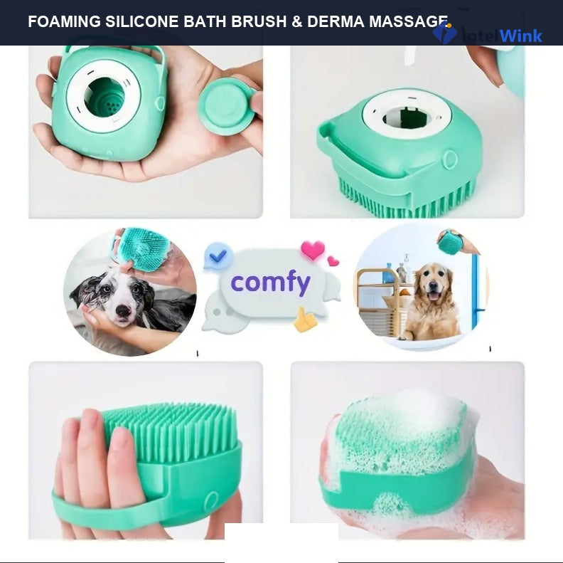 Silicone pet bath brush with integrated shampoo dispenser dispensing rich soothing lather