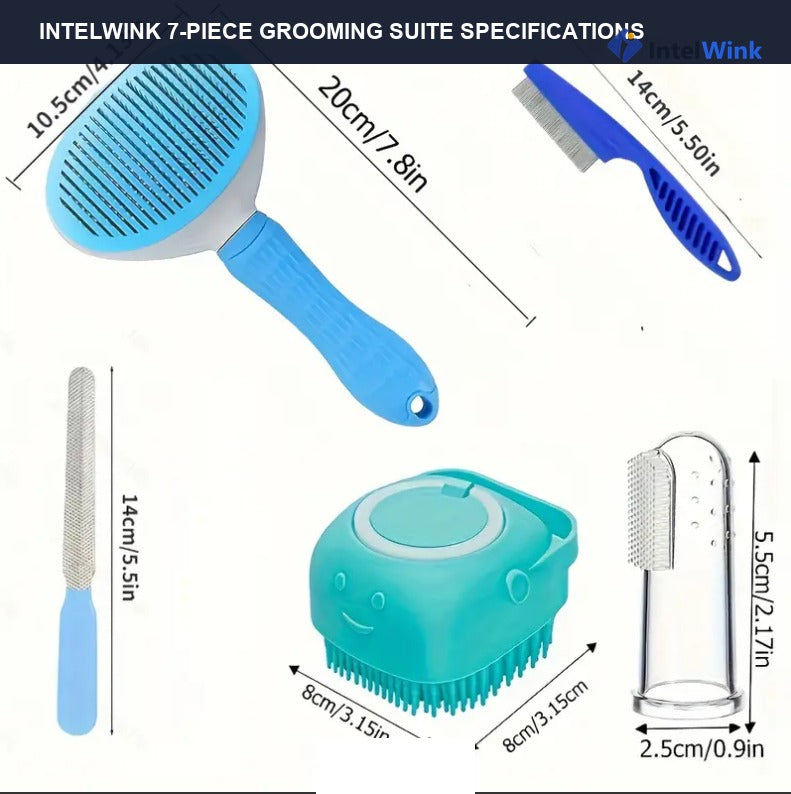 Detailed tool dimension matrix and engineering specifications for the 7-piece pet grooming kit