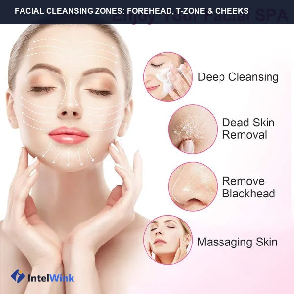 Facial cleansing zones: forehead, T-zone, and cheeks