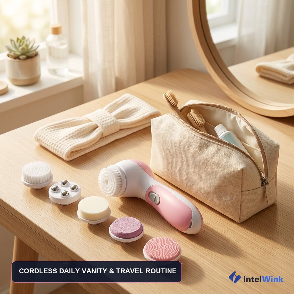 Cordless daily vanity and travel routine with rotary facial brush
