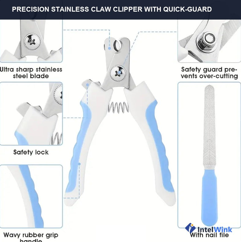Ergonomic pet nail clippers with safety quick-guard barrier and diamond finishing file