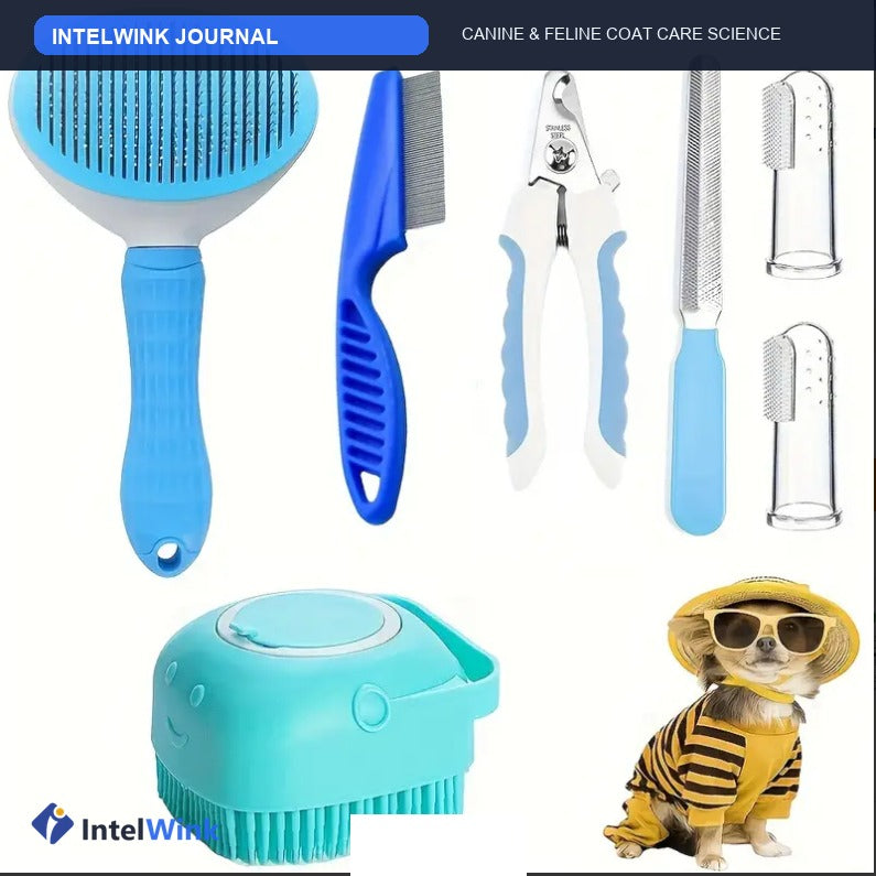 IntelWink Journal comprehensive guide to at-home dog grooming featuring the 7-piece deluxe grooming suite