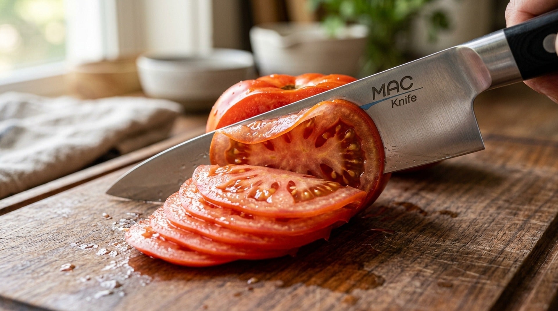 Knife cleanly slicing ripe red tomato with razor-sharp precision