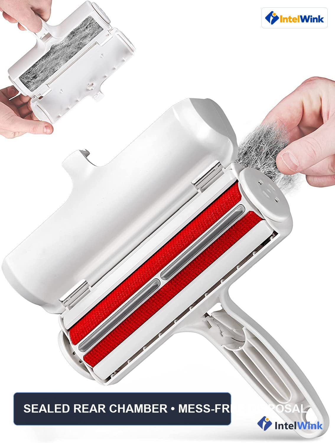 Rear view of IntelWink reusable pet hair roller showing waste chamber trapping pet fur