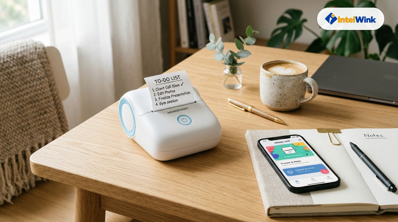 IntelWink Pocket Wireless Bluetooth Thermal Printer on wooden desk printing study notes and to-do lists