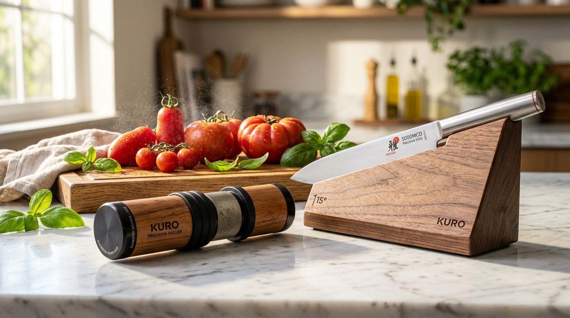 IntelWink Precision Rolling Knife Sharpener with Diamond & Ceramic Angle Base in Sunlit Modern Kitchen