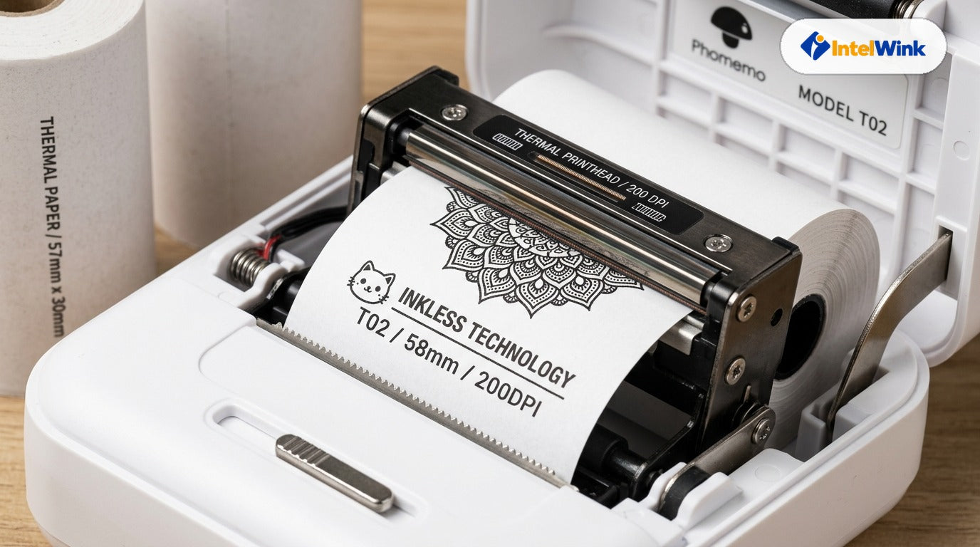Close-up macro of 200 DPI thermal printhead and paper feed bay in portable inkless sticker printer